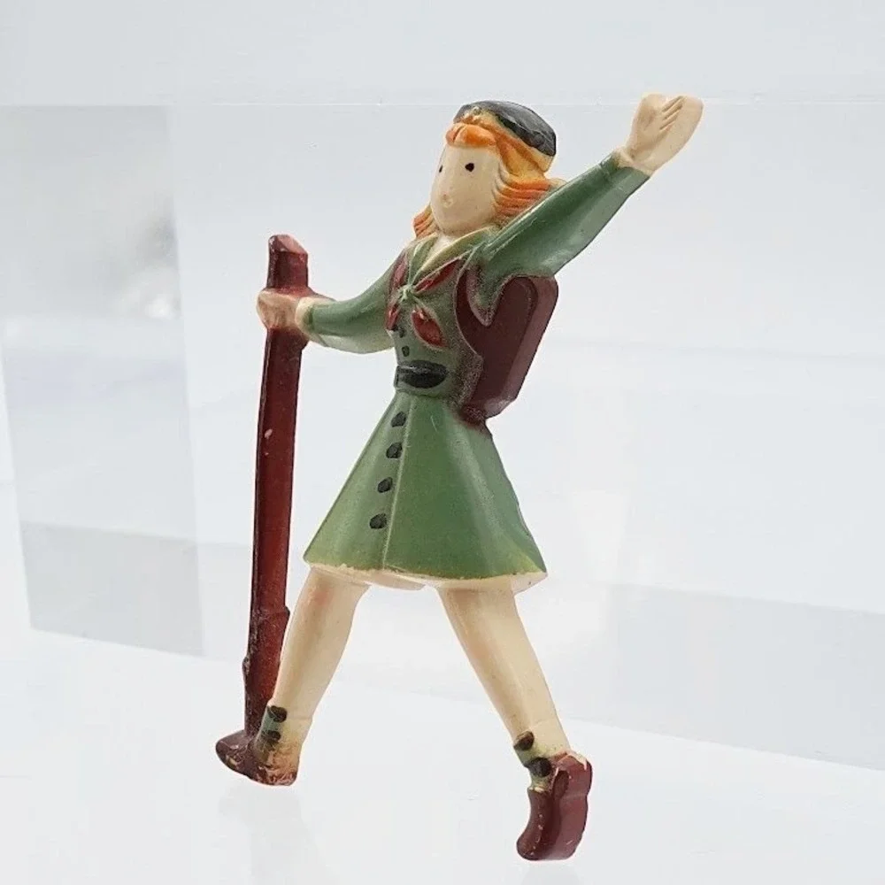 VTG 1940 Girl Scout Hiking Pin Clip Brooch Hand Painted Figural Plastic Novelty